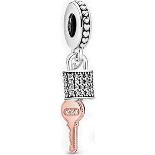 Authentic 925 Sterling Silver Pave Padlock and Key Dangle pan Charm Fit Original Bracelet For Women DIY Jewelry Bead