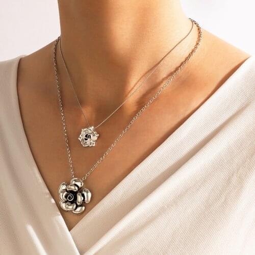 Docona Retro Rose Flowers Pendant Neckalce for Women Elegant Peony Flower Geometry Alloy Metal Layered Female Part Jewelry 18648