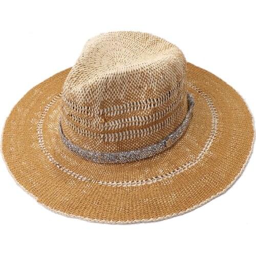 Women Summer Straw Panama Fedora Sun Hat Gradient Contrast Color Glitter Rhinestone Chain UV Protection Travel Beach Cap Premium