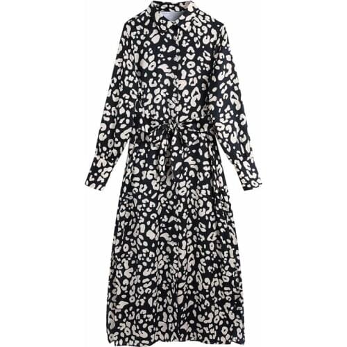 Evfer Women Vintage Leopard Print Autumn Za Black New Long Dresses Female Fashion High Waist Satin Texture Chic Dress With Belt