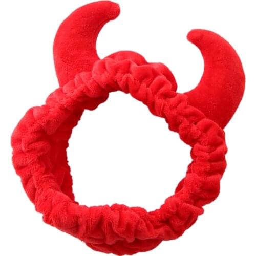 Plush Red Ox Devil Demon Horns Headband Makeup Shower Wash Face Sport Velvet Hair Band Female Girls Funny Festival New Year 094B