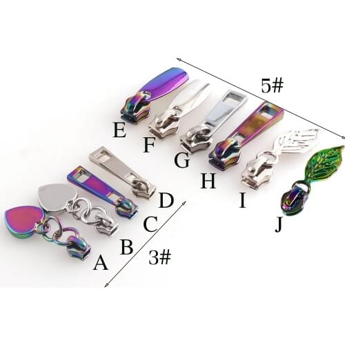 Rainbow/Silver Head Zipper Slider Puller,Leaves/Heart Long Pull Zipper Heads,Loose Zipper Slider Sewing Handbag Hardware Bag