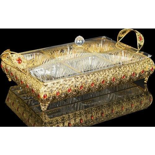 Luxury metal rectangle compartment food tray divided plates dry fruit trays serving tray storage tray fruit snack tray plate