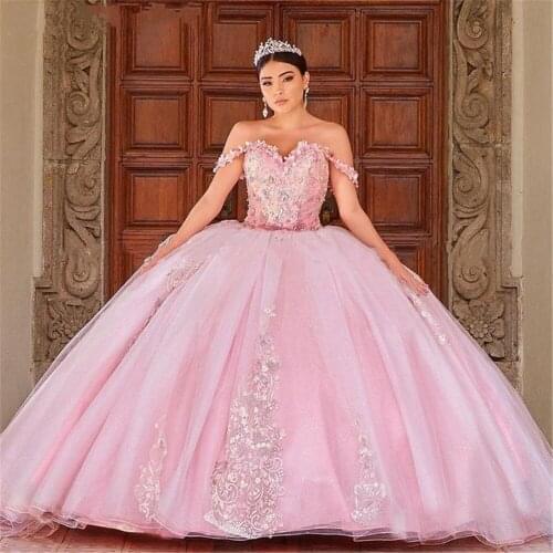 Pink Quinceanera Dress Ruffles Ball Gown sweetheart Lace Applique Kaftan Caftan Arabic Prom Gowns Quinceanera gowns