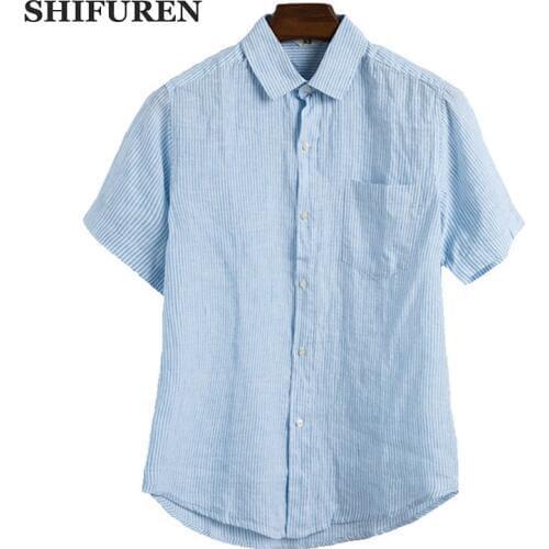 SHIFUREN 2018 Summer Men Striped Linen Shirts Short Sleeve Thin Breathable Casual Dress Shirts Turn-down Collar Male Clothes