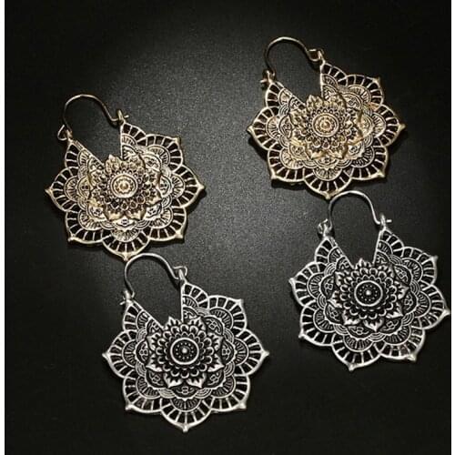 Retro Lotus Skull Mandala Bee Flower Earrings For Women Tribal Brass Gold Hoop Earrings Elegant Boho Ethnic Earrings