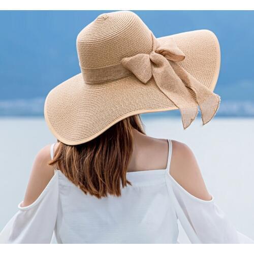 Lady New Wide Brim Sun Cap Female Fashion Outside Sun Hat Women Vintage X Large Brim Boater Hat Wheat Straw Beach Hat B-7989