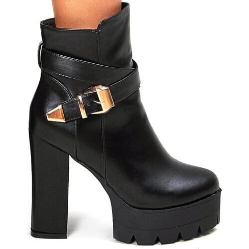 Super High Thick Heel Waterproof Platform PU Short Boots Metal Decoration Cross Belt Buckle High Square Heel Ankle Boots