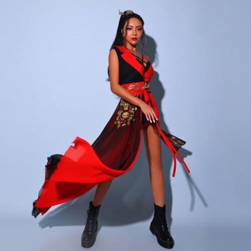 Chinese Style Dancer Outfit Female Festival Clothing Gogo Dancer Costume Red Hip-Hop Clothes Jazz Dancewear Stage Outfit DL8375