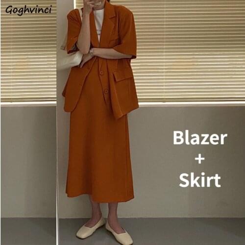 Women Sets High-street Elegant Lady Office Orange Loose Summer Short Sleeve Blazers Midi A-line Female Trendy Vintage Outfits