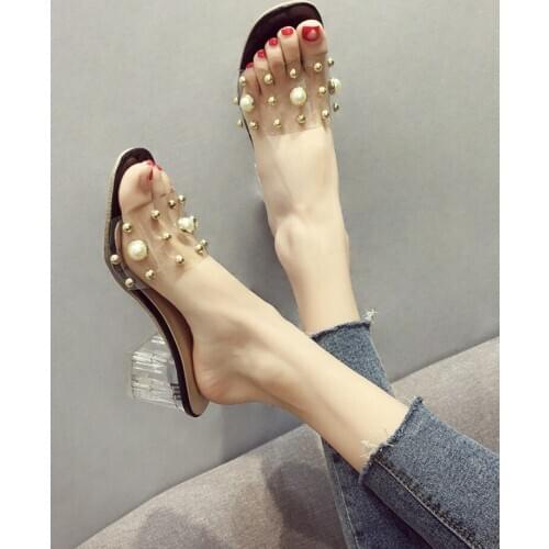 Womens Shoe Slippers Spring 2019 New Transparent Rivet Pearl Rough-heeled Crystal High-heeled Shoes