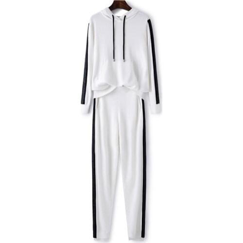 2020 Hooded Full + 30% Cashmere Wool Knitted Suits Women New Winter Fashion Hit Ribbon Hat Sweater And Pants Two-piece