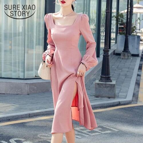 French Style Lantern Sleeve Midi Dress New Elegant Fashion Square Collar Casual Dresses Womens Summer Dress Vestidos Robe 13276