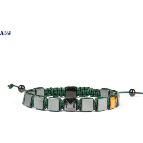 Ailatu Wholesale 10pcs/lot 8x8mm Natural Hematite & Tiger Eye Square Stone Beads Pyramid Macrame bracelet Nice Gift