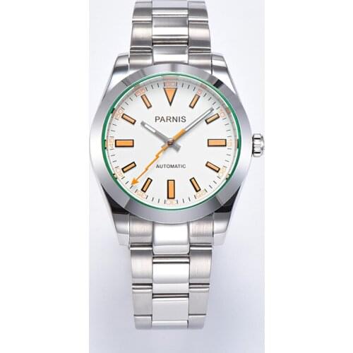 New Parnis 40mm White Dial Mechanical Automatic Men Watches Sapphire Glass Miyota 8215 Stainless Steel Strap Watch reloj hombre