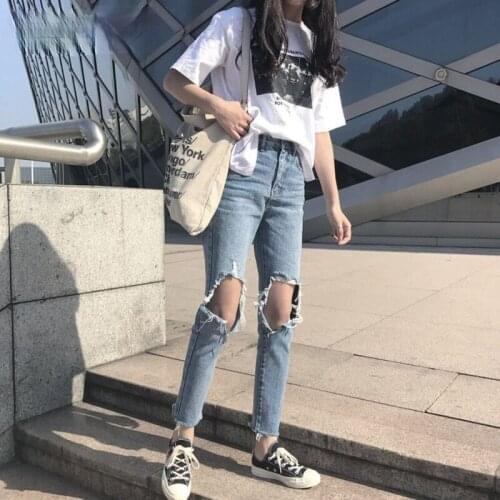Jeans Women Denim Holes Zipper Pockets Straight Retro Casual Womens Slim High Waist All-match Vintage Korean Style Daily Jean