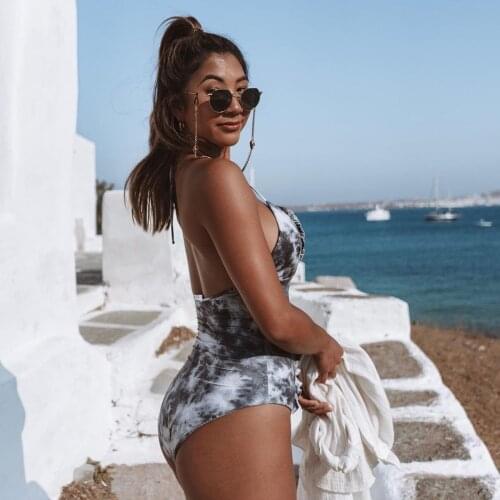 European and American sexy halterneck sling deep V bikini womens new printed triangle one-piece swimsuit