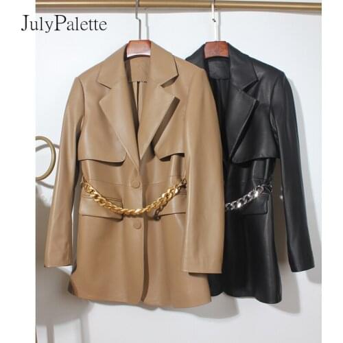 JulyPalette Genuine Leather Jacket Women 2021 Autumn Fashion Simple Suit Chain Real Sheepskin Coat New Female Sheep Leather Coat