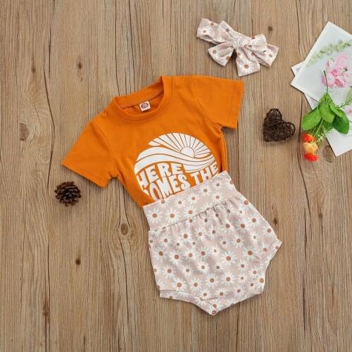 3Pcs Toddlers Summer Outfit Letters Print Short Sleeves T-Shirt + Daisy Pantie + Hairband for Baby Girls 0-24 Months