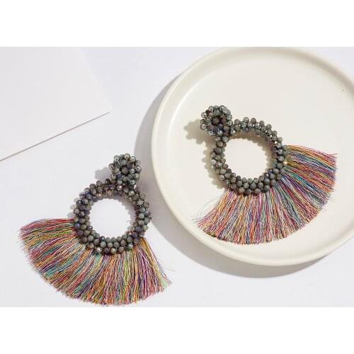 Colorful Crystal Tassel Earrings Charm Earings Geometric Circle Round Handmade Fringe Earring Bohemian Jewelry Wedding Bridal