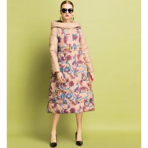 Hooded Down Jacket Womens Winter New High Waist Retro Embroidery White Duck Down Light Warm Long Coat Cotton Coat Robe s928