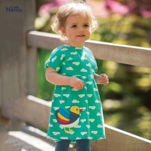 Little Maven 2021 New Summer Baby Girls Clothes Brand Dress Toddler Cotton Cloud Animal Print Green Dresses for Kids 2-7 Years