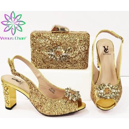 Design African 2021 Italian Fashion Nigerian High Heel Ladies Shoes and Bag Set With Platform in Golden Color for Party Wedding