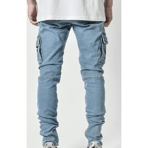 Multi-pocket jeans men elastic waist skinny jeans men 2021 stretch ripped pants streetwear men denim jeans blue