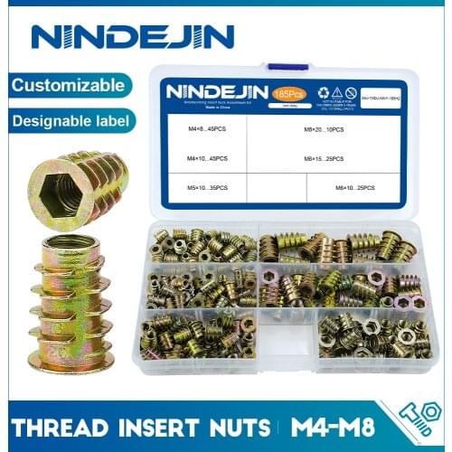 NINDEJIN 185pcs Thread Insert Nut Zinc Alloy Wood Inserts Nut Hexagon Head Furniture Screw in Nut Connector with Hex Key