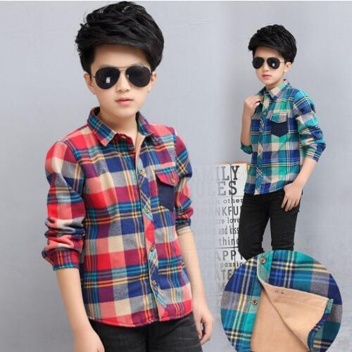 Big Kids Winter Warm Shirt for Boys Long Sleeve Turn-down Collar Plaid Wool Shirt Teenager Tops Cotton Children Clothing 5-14 Y