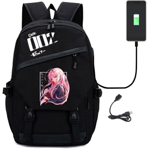Darling In The Franxx Backpack Zero Two Anime Print Cosplay Black Cute Unisex USB Charging Laptop Shoulder TravelBags Schoolbag