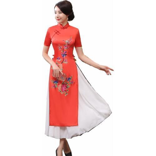 Shanghai Story Vietnam aodai Chinese traditional Clothing For Woman Qipao long Chinese Oriental dress Red cheongsam ao dai