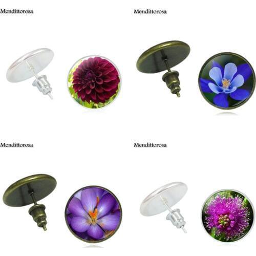 Mendittorosa Glass Cabochon Bronze/Silver/Golden Clip Ear Hook Stud Earrings Jewelry For Women Mandala Lotus
