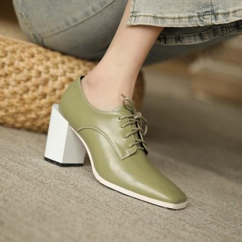 Classic Women Pumps Office Genuine Leather Handmade Lace Up Square toe Chunky Heel Shoes Women Leisure Comfortable Women Shoes