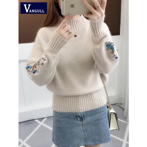Vangull Women Knitted Sweater Floral Embroidery Thick Sweater Pullovers 2021 Autumn Winter New Long Sleeve Turtleneck Sweaters