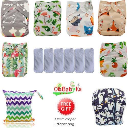 Ohbabyka Waterproof Baby Pocket Diaper Washable Reusable Cloth Diapers Baby Nappy 6pcs+6pcs Microfiber Inserts+1Free Diaper Bag