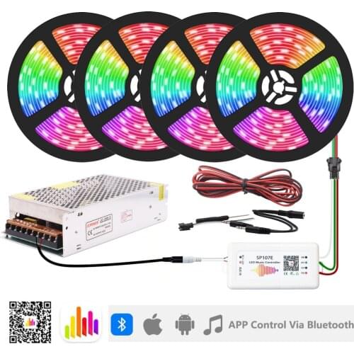 WS2812B WS2812 RGB Led Strip Light SP107E Bluetooth Music RGB Led Controller DC5V Led Transformer 5M 10M 15M 20M Kit