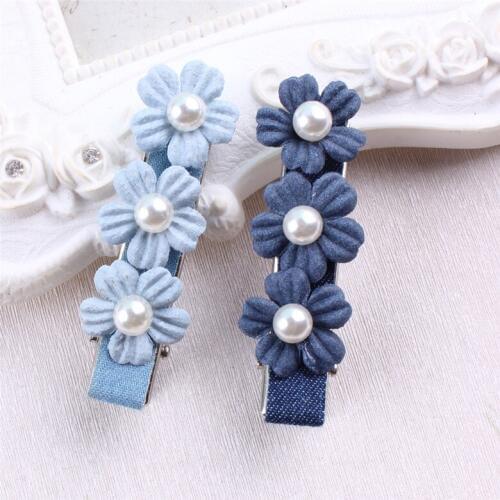 New Arrival Kids Pearl Flower Hair Accessories denim Bowknot Hair Clip Children Crown Accessories Baby Cute Hairpins