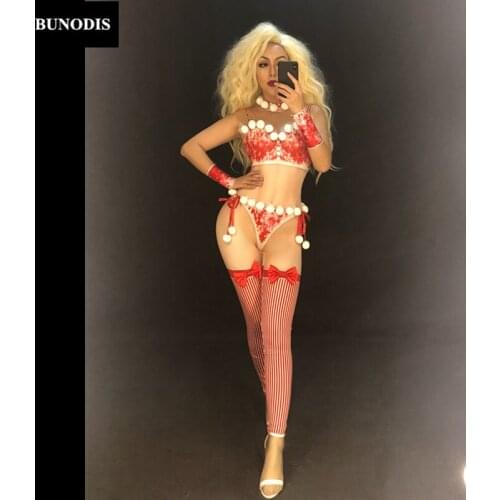 ZD399 Christmas Style Women Sexy Red Jumpsuit Small White Ball Bodysuit Nightclub Party Stage Wear Dancer Singer Bling Costumes
