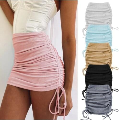2021 Spring Autumn Womens Knitting Thread Side Drawstring Elastic Pleated Skirt Sexy Slim Adjustable Buttock Skirt Girl Pink