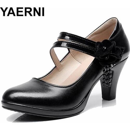 YAERNIGenuine Leather Shoes Women High Heel Shoes 2018 Spring Autumn Women Pumps Shoes Comfortable Women Shoes High Heels E553