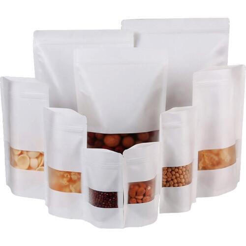 100pcs/lot White Standup kraft paper bag with matt window and zipper for food, paper ziplock bag