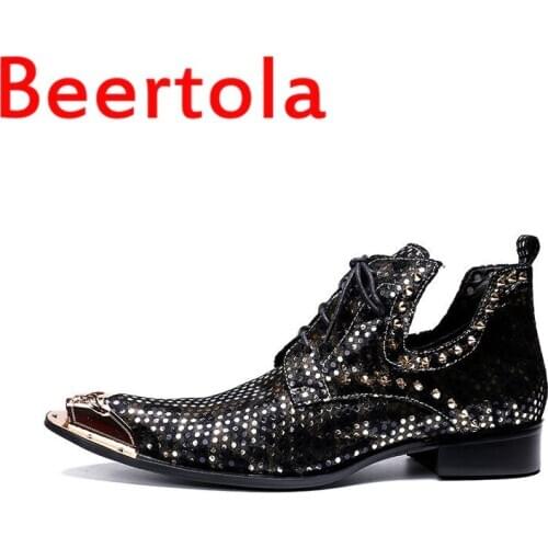 2020 Chelsea Beertola Mens Gold Rivet Fashion Leather Metal Pointed Toe Botas De Hombre High Quality Lace-Up Boots Male