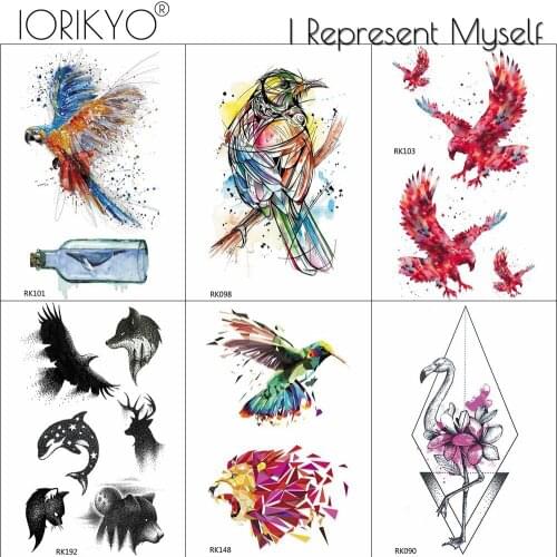 IORIKYO Watercolor Birds Tattoo Stickers Women Body Arm Temporary Geometric Hummingbird Tattoo Men Hands Eagle Fake Tatoos Paste