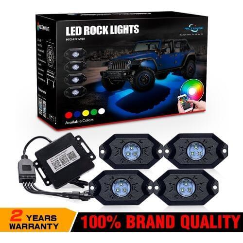 MICTUNING CM 4 Pods RGB LED Rock Lights With Bluetooth Controller Remote Multicolor Neon LED Lights Kit For Music Mode Flashing