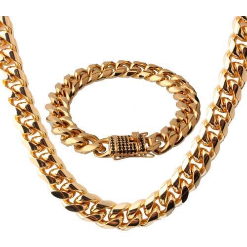 Trendy Black Stone 316L Stainless Steel Gold Maimi Cuban Curb Link Chain Men Women Necklace 24" And Bracelet 8.66" Jewelry Sets