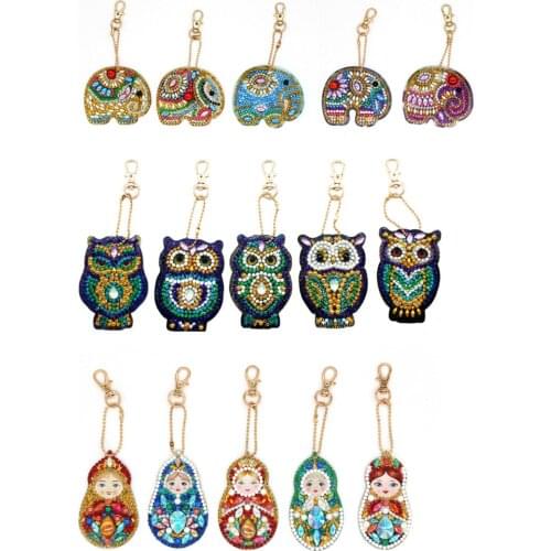 DIY Diamond Painting Keychain Owl Elephant animal Shape Pendant Shaped Rhinestone Mosaic Embroidery Keychain