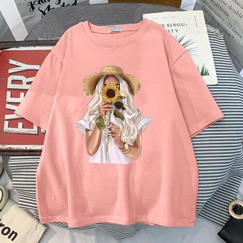 Beautiful Girl Sunflower Printed Female T Shirts Simplicity Casual Tshirts Funny Summer Plus Size Short Sleeve Retro Oversize