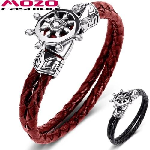 MOZO FASHION Men Jewelry Black Genuine Leather High Quality Bracelet Stainless Steel Boat Rudder Clasps Charm Collocation 539
