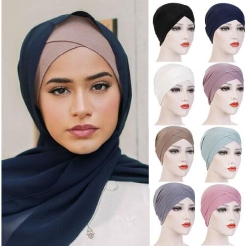 Muslim Women Inner Hijab Caps Stretch Underscarf Forehead Cross Hijab Turban Femme Head Wear Hat Musulman Headscarf Bonnet Hats